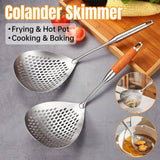 304 Stainless Steel Kitchen Colander Long Handle Noodle Dumpling Strainer Spoon - Yellow wood - Front View