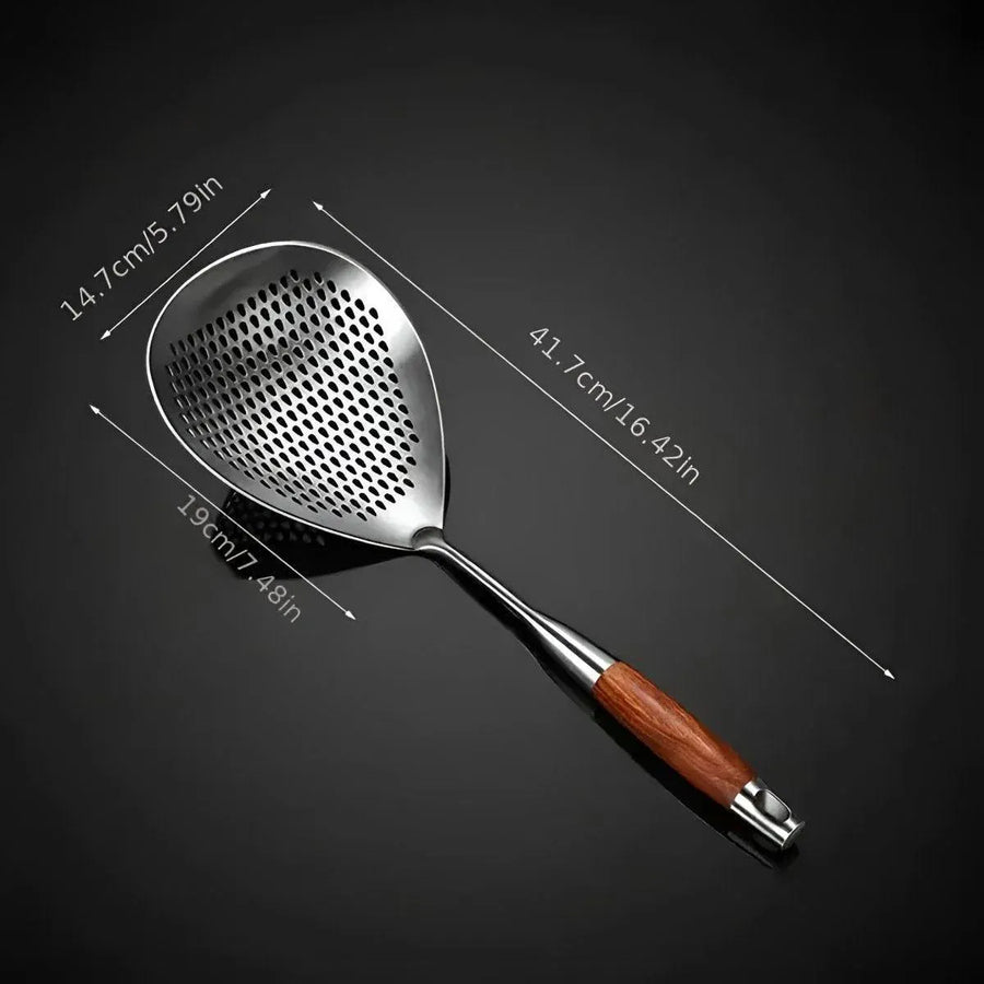 304 Stainless Steel Kitchen Colander Long Handle Noodle Dumpling Strainer Spoon - Yellow wood