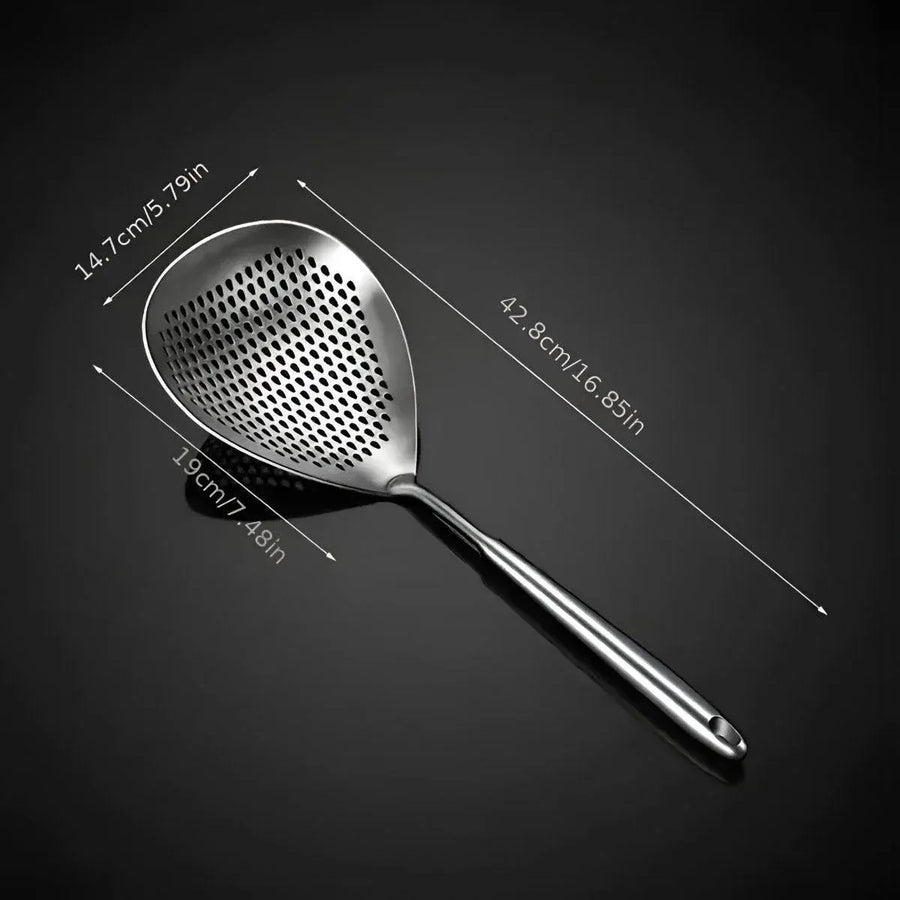 304 Stainless Steel Kitchen Colander Long Handle Noodle Dumpling Strainer Spoon - Yellow wood