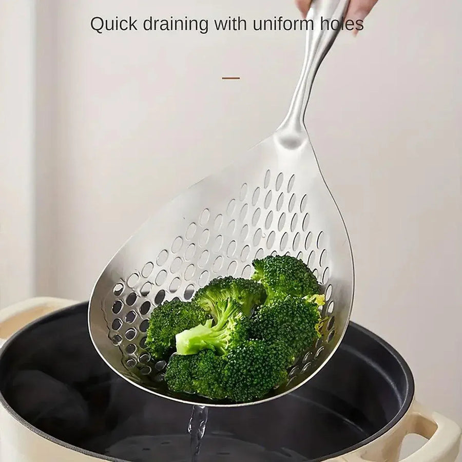 304 Stainless Steel Kitchen Colander Long Handle Noodle Dumpling Strainer Spoon - Yellow wood