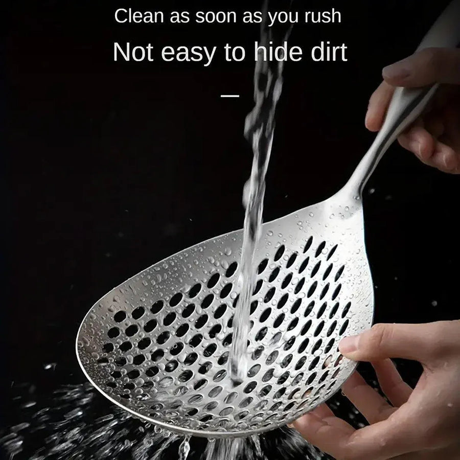304 Stainless Steel Kitchen Colander Long Handle Noodle Dumpling Strainer Spoon - Yellow wood