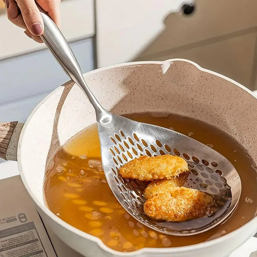 304 Stainless Steel Kitchen Colander Long Handle Noodle Dumpling Strainer Spoon - Yellow wood