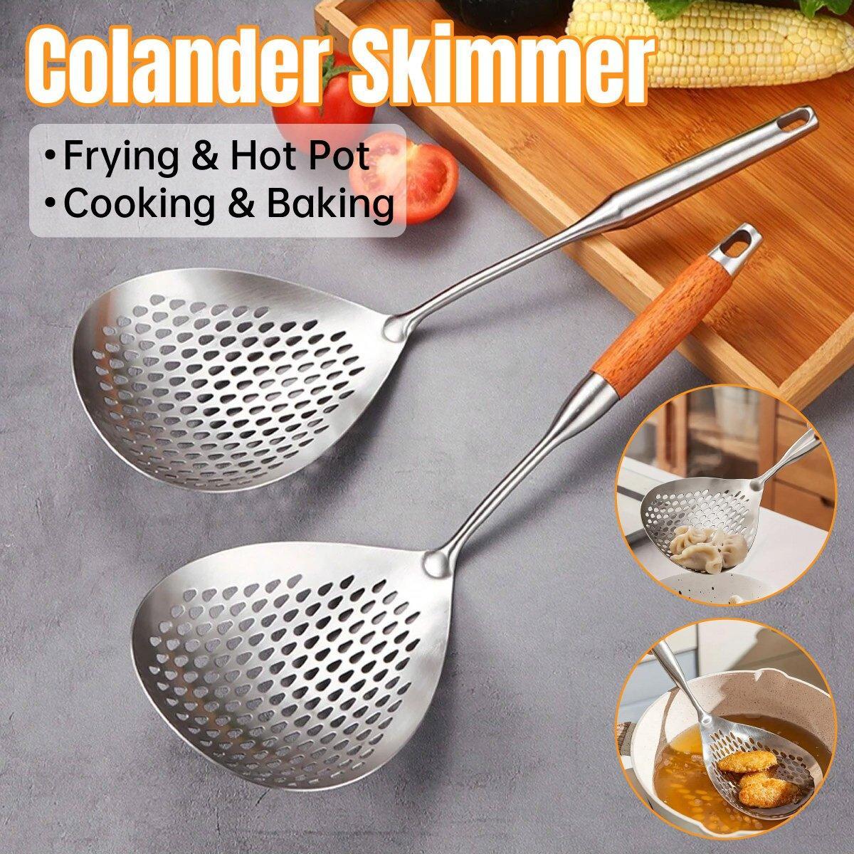 304 Stainless Steel Kitchen Colander Long Handle Noodle Dumpling Strainer Spoon - Yellow wood