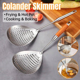 304 Stainless Steel Kitchen Colander Long Handle Noodle Dumpling Strainer Spoon - Yellow wood