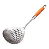 304 Stainless Steel Kitchen Colander Long Handle Noodle Dumpling Strainer Spoon - Yellow wood - Rear View