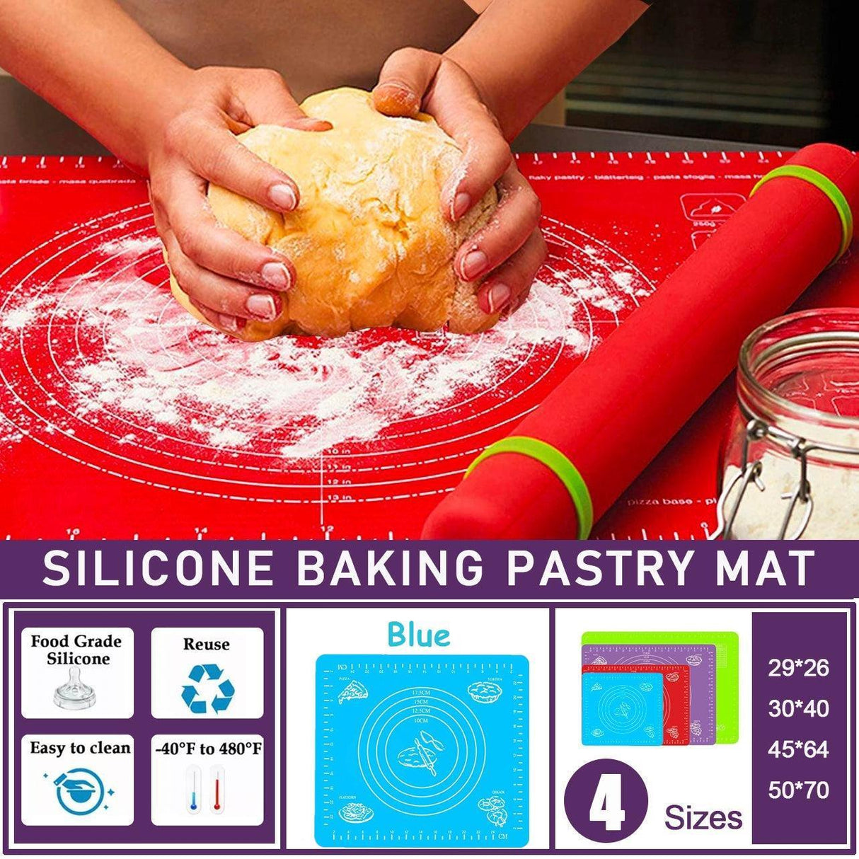Blue Reusable Non-Stick Silicone Rolling Dough Mat Cake Pastry Baking Fondant Sheet - 40*30cm