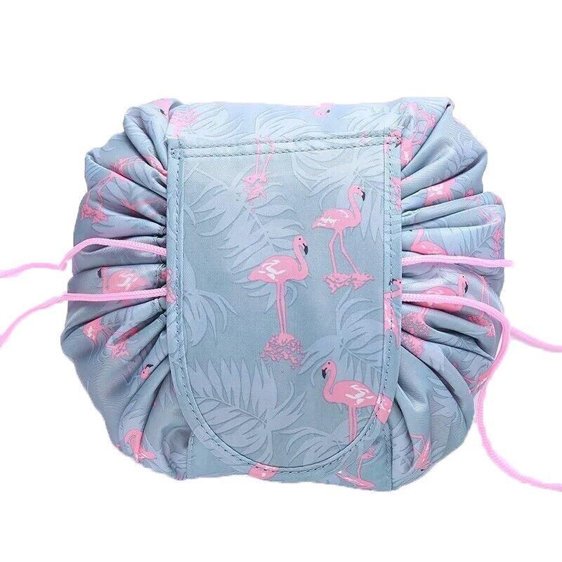 Portable Travel Makeup Bag Drawstring Cosmetic Pouch Lazy Storage Organiser Case - Blue Flamingo