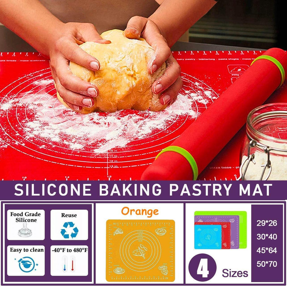 Orange Reusable Non-Stick Silicone Rolling Dough Mat Cake Pastry Baking Fondant Sheet - 40*30cm