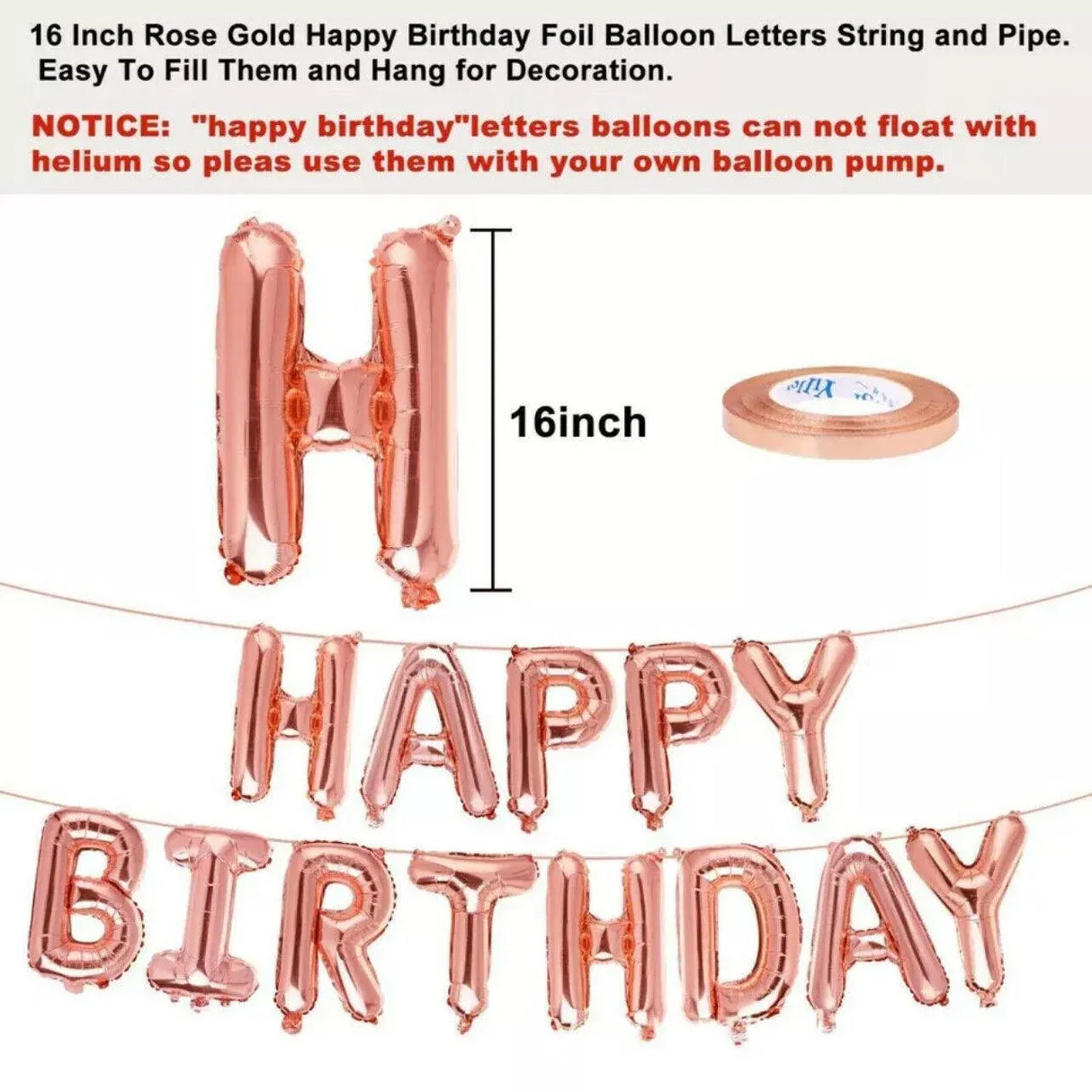 40Cm 3D Happy Birthday Letters Balloons Inflating Foil Banner Bunting Celebrate - Pink