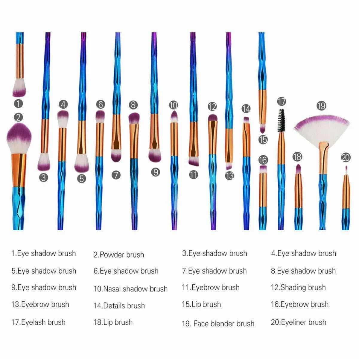 20 Pcs Eye Make-Up Brushes Diamond Unicorn Eyeshadow Eyebrow Blending Brush Set - Pink and Gold