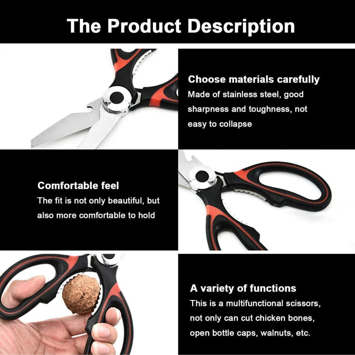 Heavy Duty Kitchen Scissors Multi Purpose Stainless Steel Chicken Bone Cutter - Red