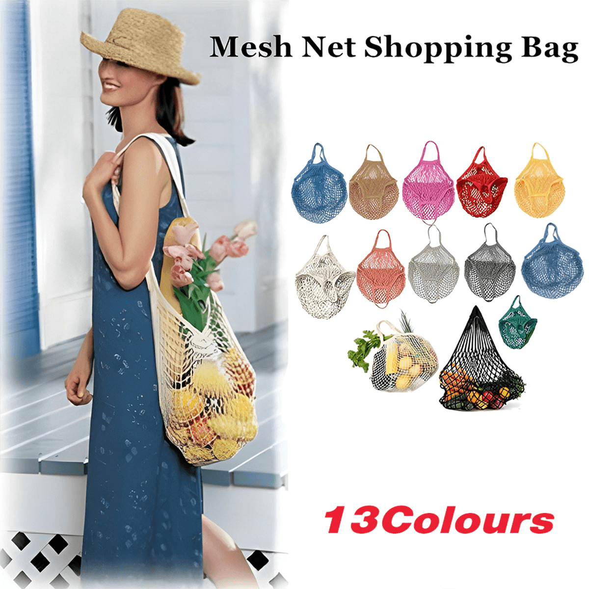 Reusable Mesh Net Shopping Bag String Tote Grocery Fruit Vegetable Storage - Dark Blue