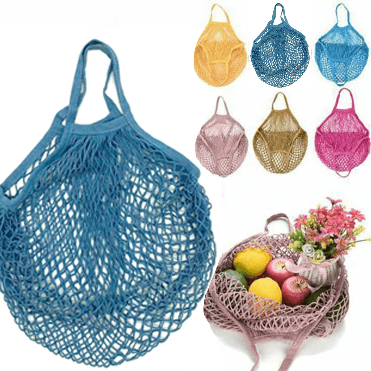 Reusable Mesh Net Shopping Bag String Tote Grocery Fruit Vegetable Storage - Dark Blue