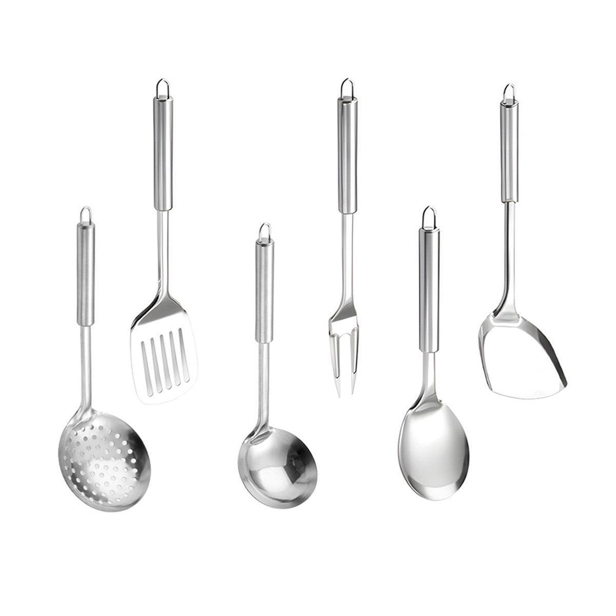 6PCS Stainless Steel Kitchen Utensil Set with Frying Spatula Colander and Spoon