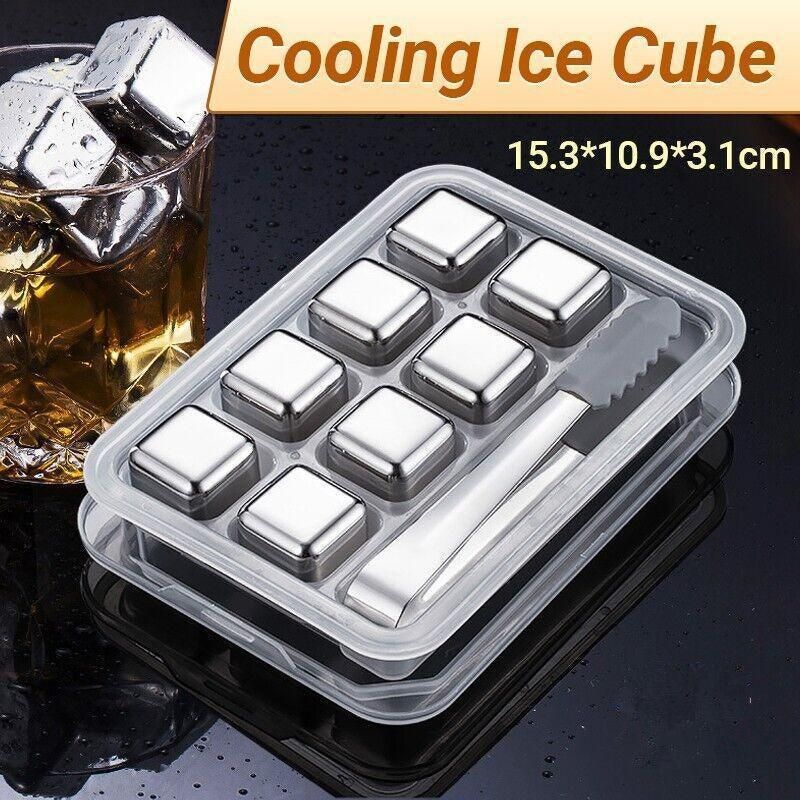 Stainless Steel Whiskey Stones X 8 Ice Cubes With Tong Reusable Cooling Ice Cube