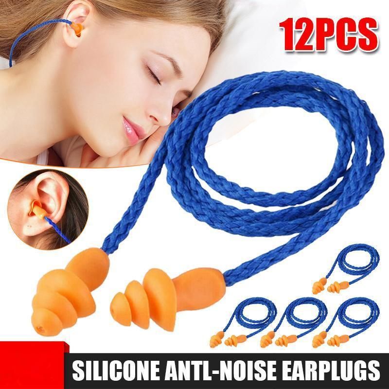 12X Reusable Corded Silicone Earplugs for Sleeping Working Travelling