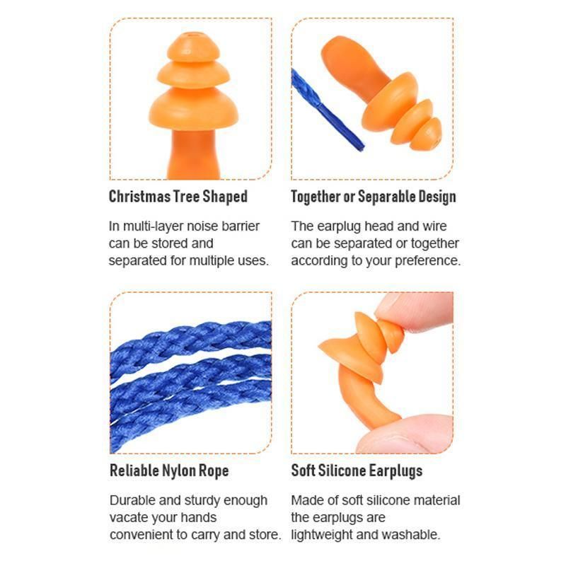 12X Reusable Corded Silicone Earplugs for Sleeping Working Travelling