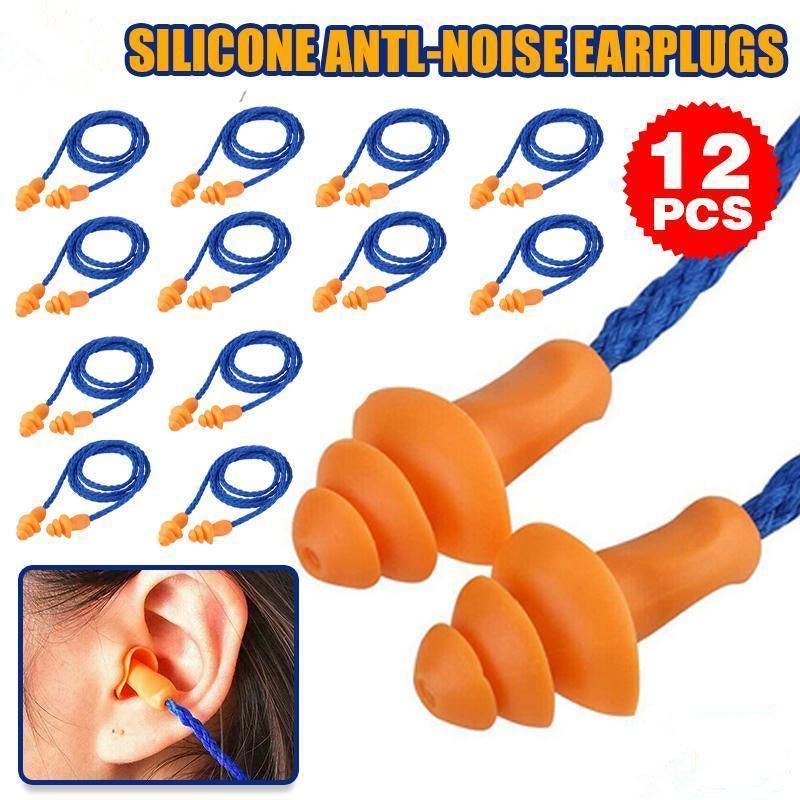 12X Reusable Corded Silicone Earplugs for Sleeping Working Travelling