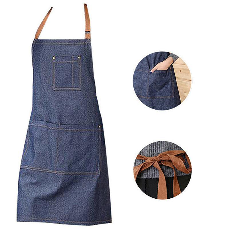 Adjustable Denim Apron Pocket Hanging Neck Cooking Kitchen Baking Bar Cafe Chefs