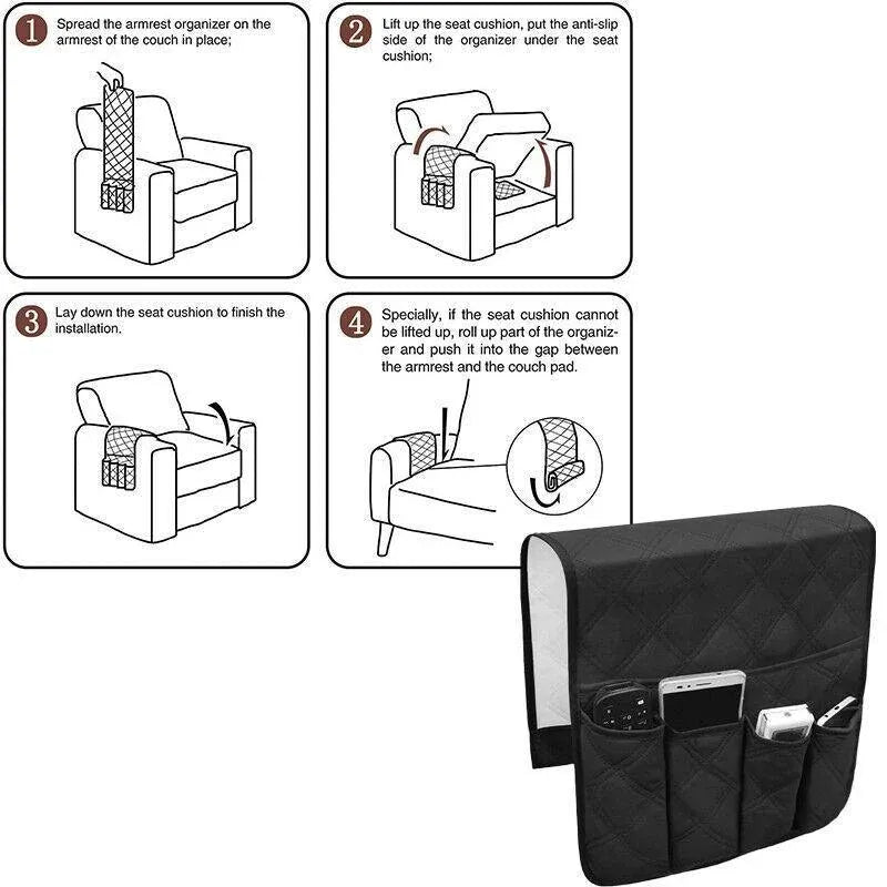 5 Pockets Couch Organizer Remote Storage Holder Sofa Chair Arm Control Rest Bag - Grey