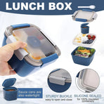 1-Piece Blue Two-Tier Lunch Box with Tray, Dressing Container and Fork