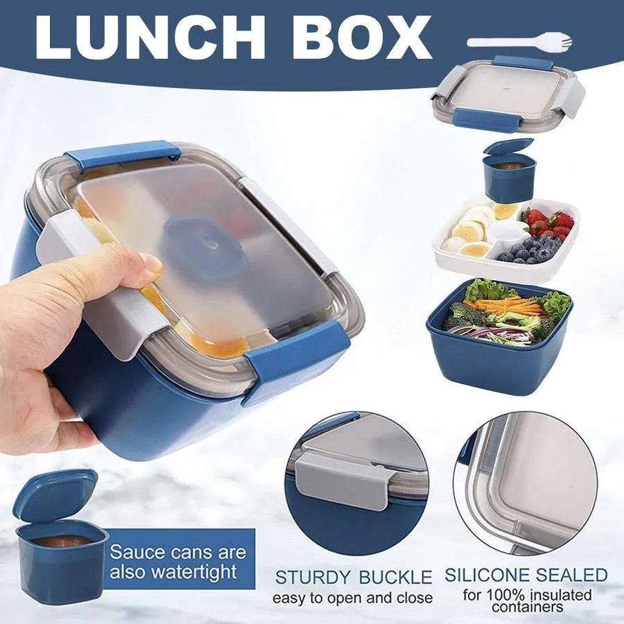1-Piece Blue Two-Tier Lunch Box with Tray, Dressing Container and Fork