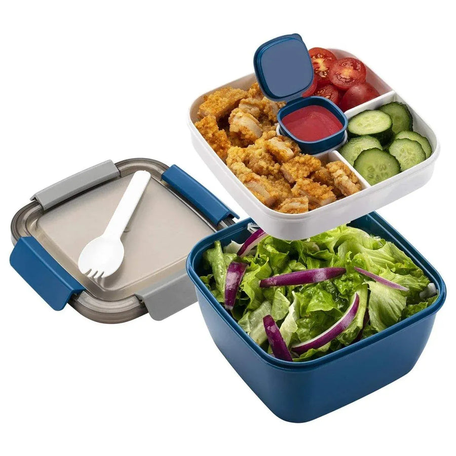 1-Piece Blue Two-Tier Lunch Box with Tray, Dressing Container and Fork