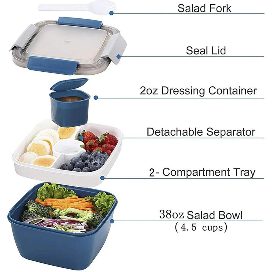 1-Piece Blue Two-Tier Lunch Box with Tray, Dressing Container and Fork