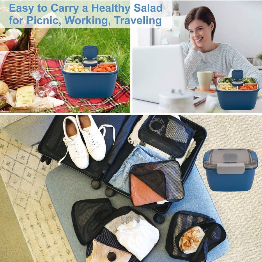 1-Piece Blue Two-Tier Lunch Box with Tray, Dressing Container and Fork