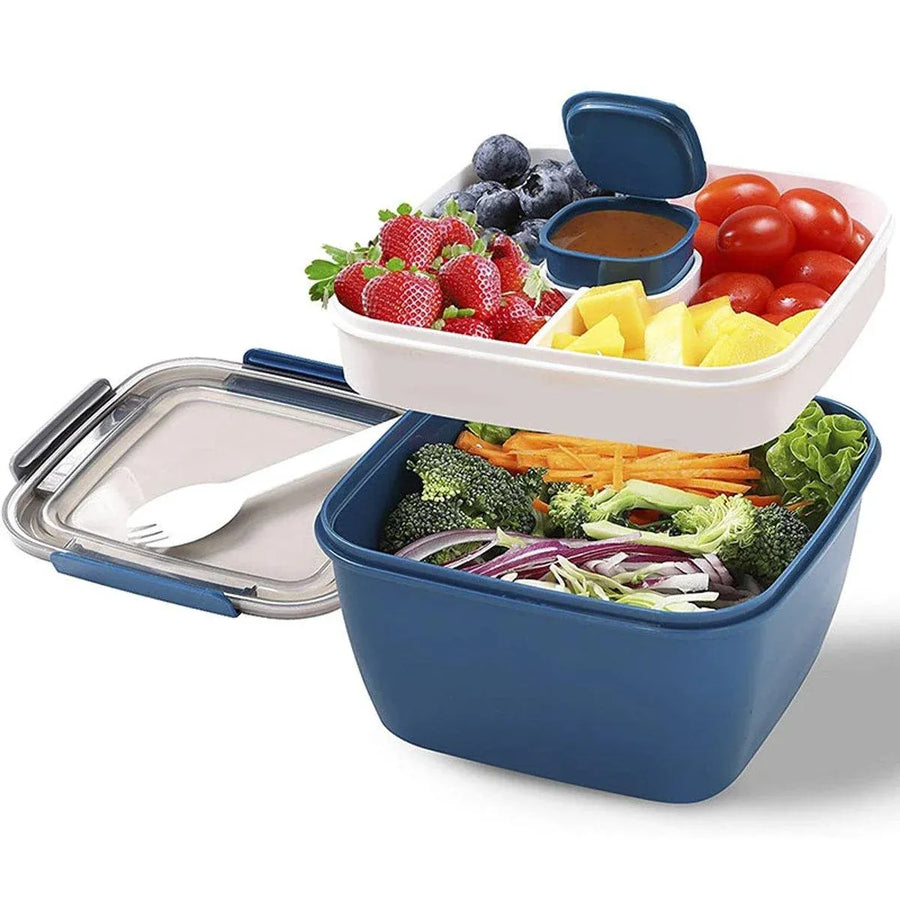 1-Piece Blue Two-Tier Lunch Box with Tray, Dressing Container and Fork