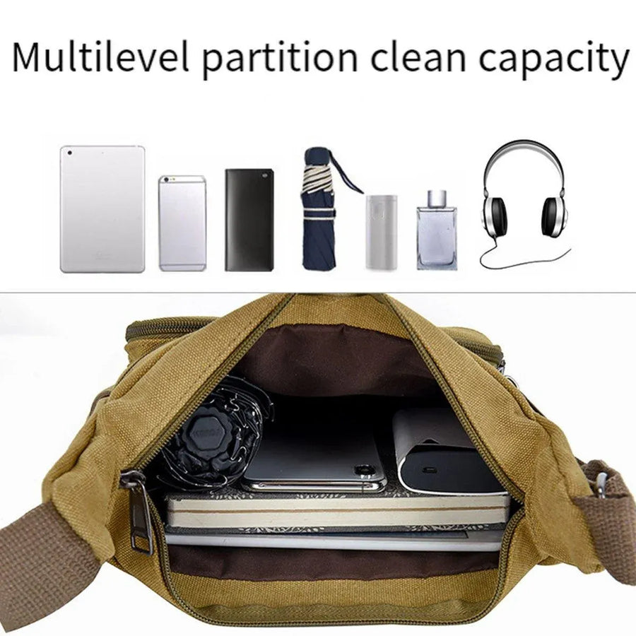 Multi Layer Canvas Crossbody Bag Casual Shoulder Bag for Travel Messenger Bag - Coffee