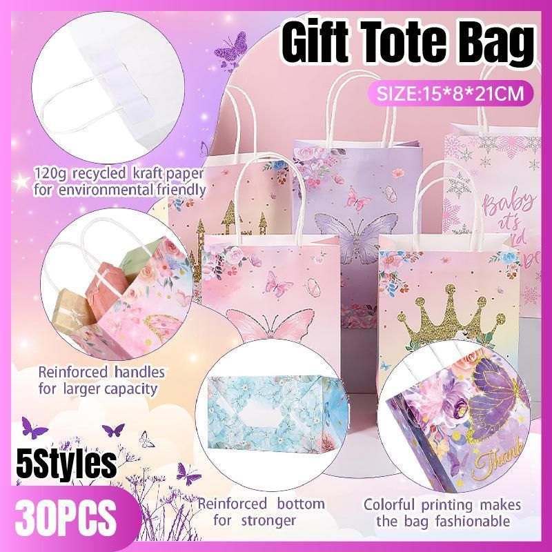 30pcs Pink Romantic Flower Tote Bag Cowhide Paper Elegant Design Gift Bag - Crown