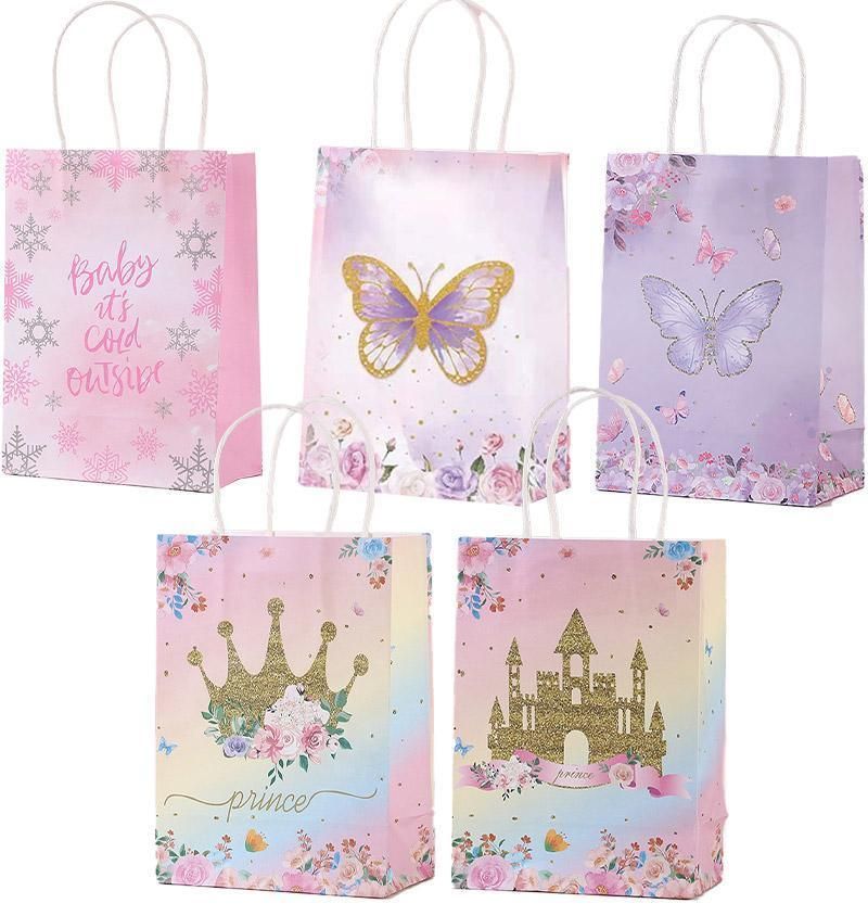 30pcs Pink Romantic Flower Tote Bag Cowhide Paper Elegant Design Gift Bag - Crown