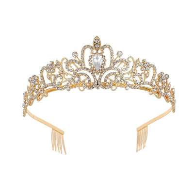 Princess Rhinestone Queen Hair Tiara Headband Hair Accessories Crystal Crown - Gold-White