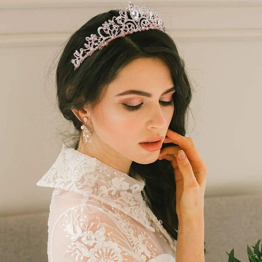 Princess Rhinestone Queen Hair Tiara Headband Hair Accessories Crystal Crown - Gold-White