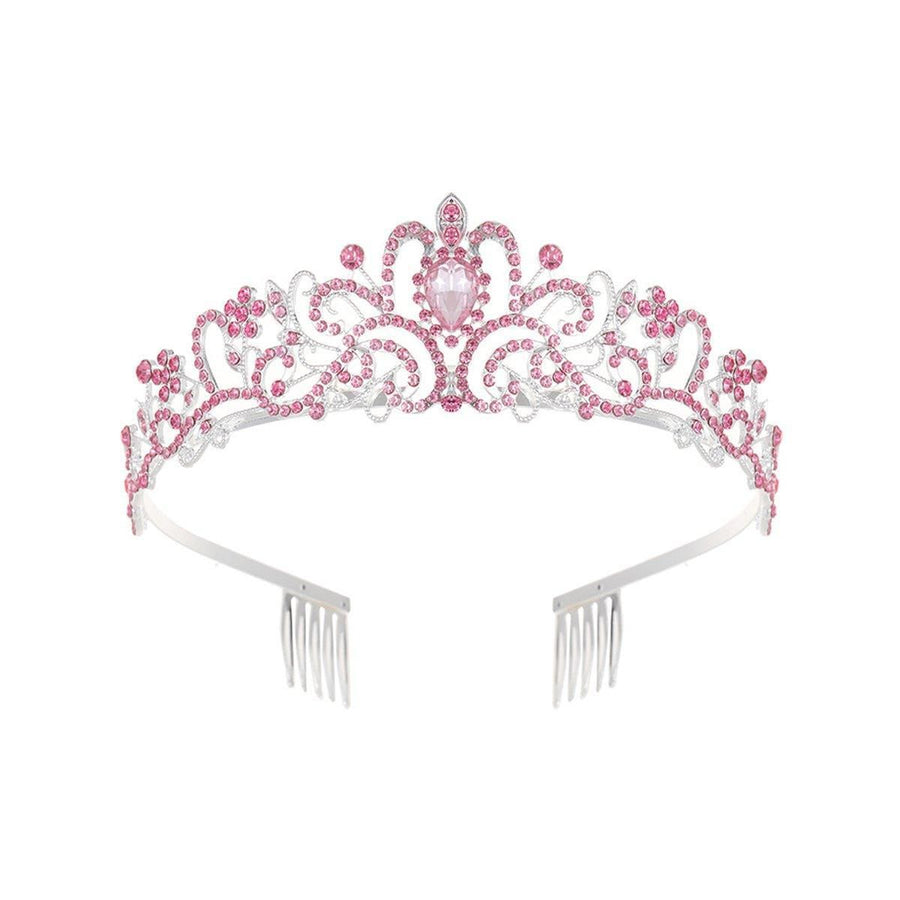 Princess Rhinestone Queen Hair Tiara Headband Hair Accessories Crystal Crown - Silver-Pink