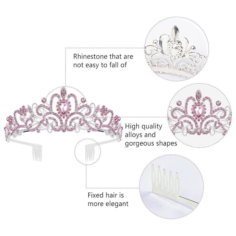 Princess Rhinestone Queen Hair Tiara Headband Hair Accessories Crystal Crown - Silver-Pink