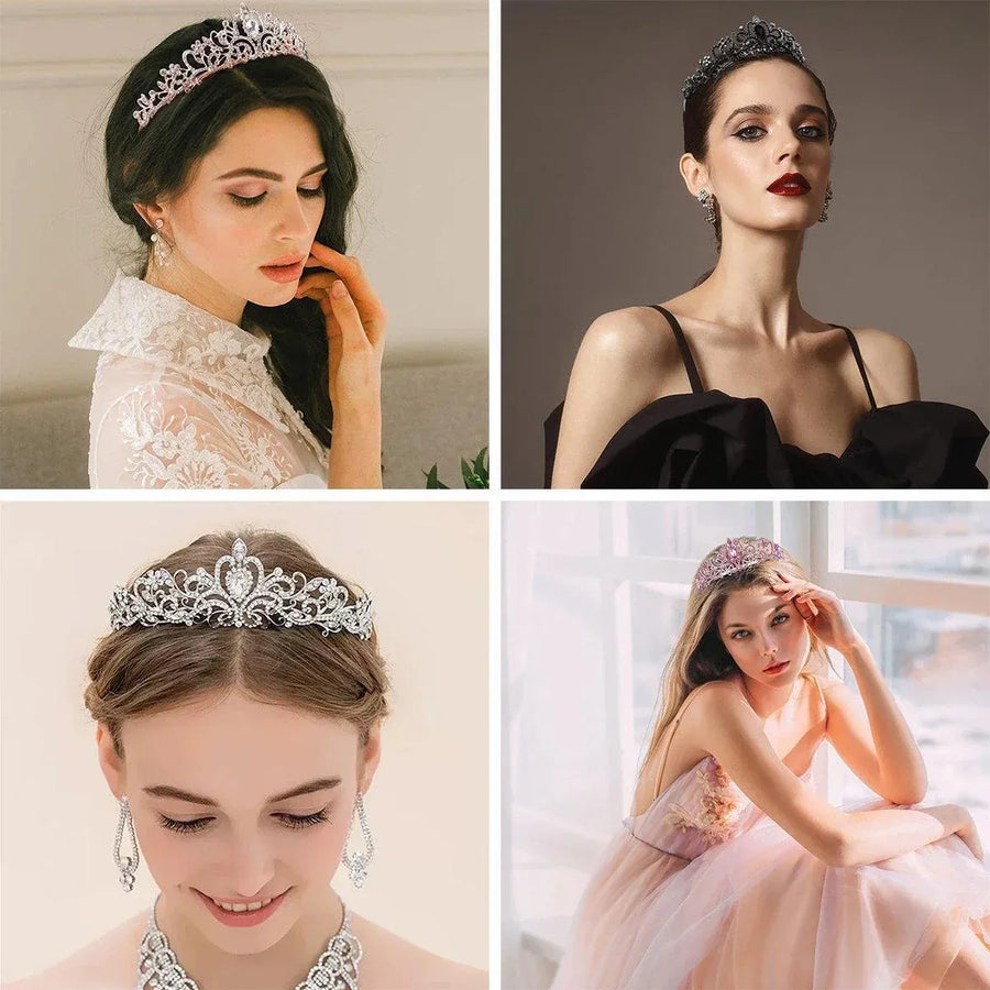 Princess Rhinestone Queen Hair Tiara Headband Hair Accessories Crystal Crown - Silver-Pink
