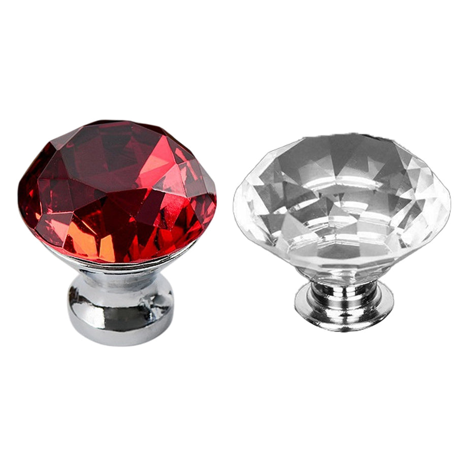 Door Knobs Handles Clear Crystal Diamond Glass Kitchen Cupboard Cabinet Pulls 40MM - Red-10PCS