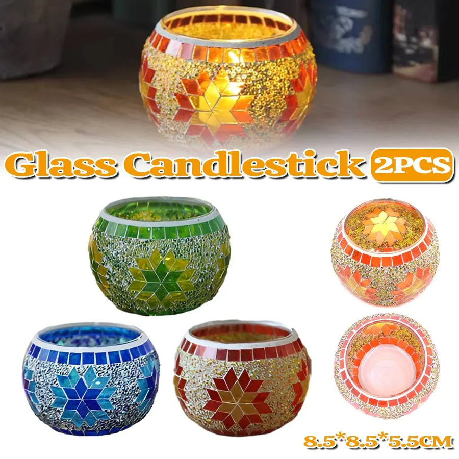 2Pcs European Style Colourful Mosaic Glass Candle Holder Cup Tabletop Decor - Blue