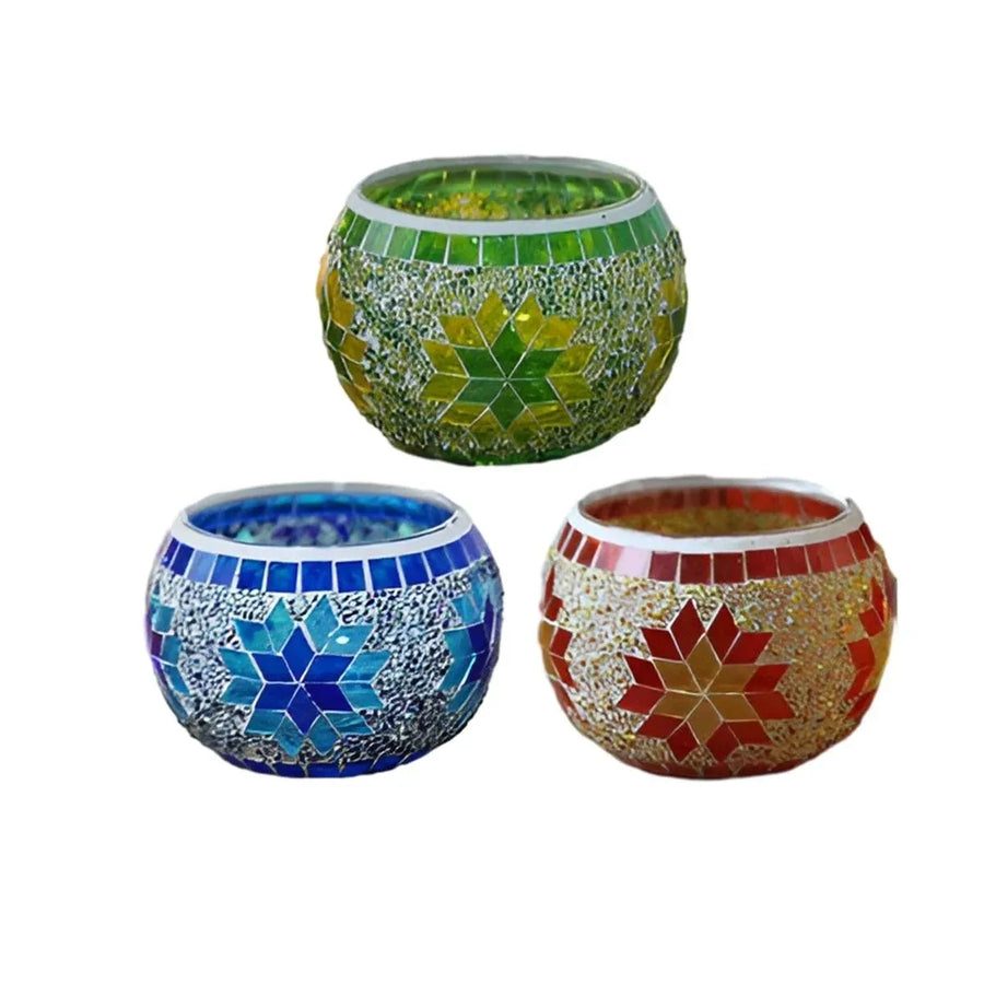 2Pcs European Style Colourful Mosaic Glass Candle Holder Cup Tabletop Decor - Blue