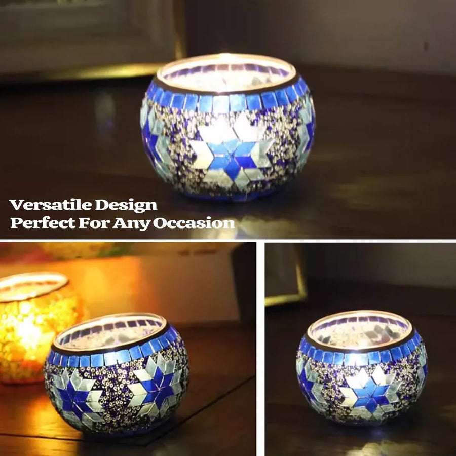 2Pcs European Style Colourful Mosaic Glass Candle Holder Cup Tabletop Decor - Blue