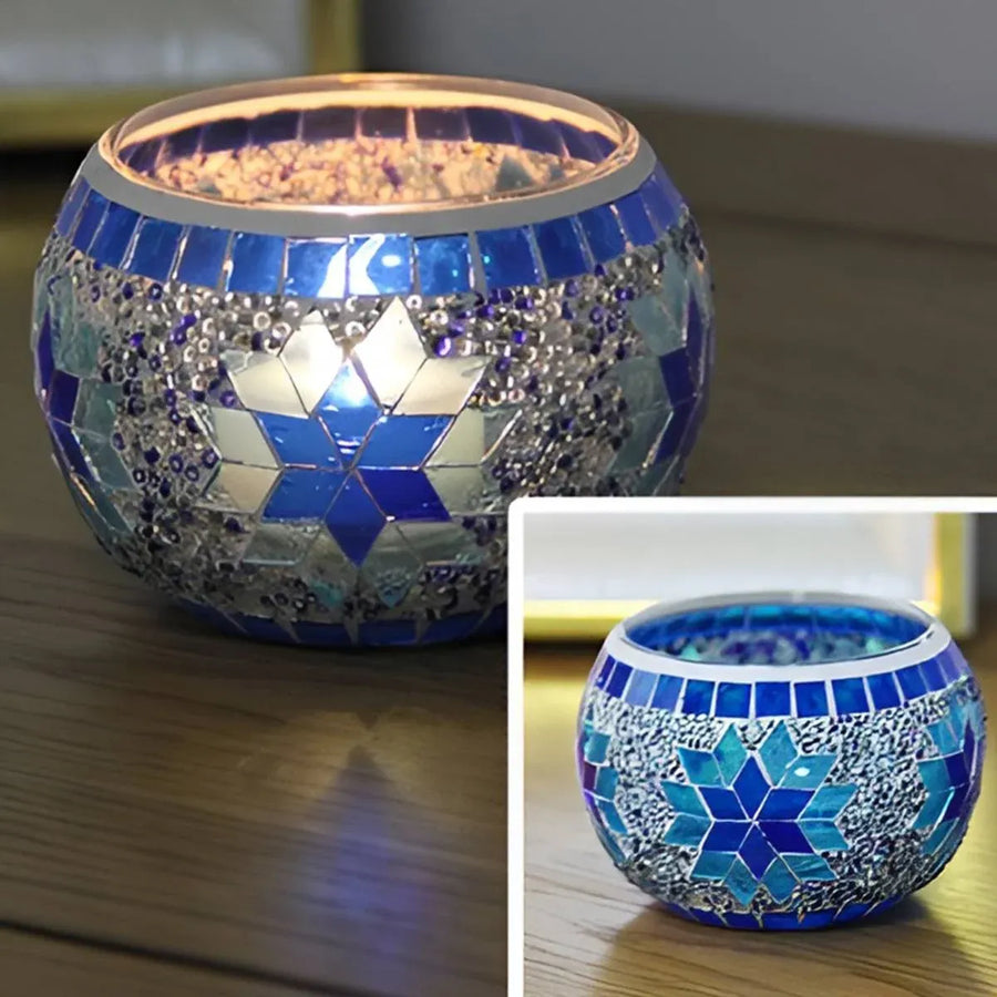 2Pcs European Style Colourful Mosaic Glass Candle Holder Cup Tabletop Decor - Blue