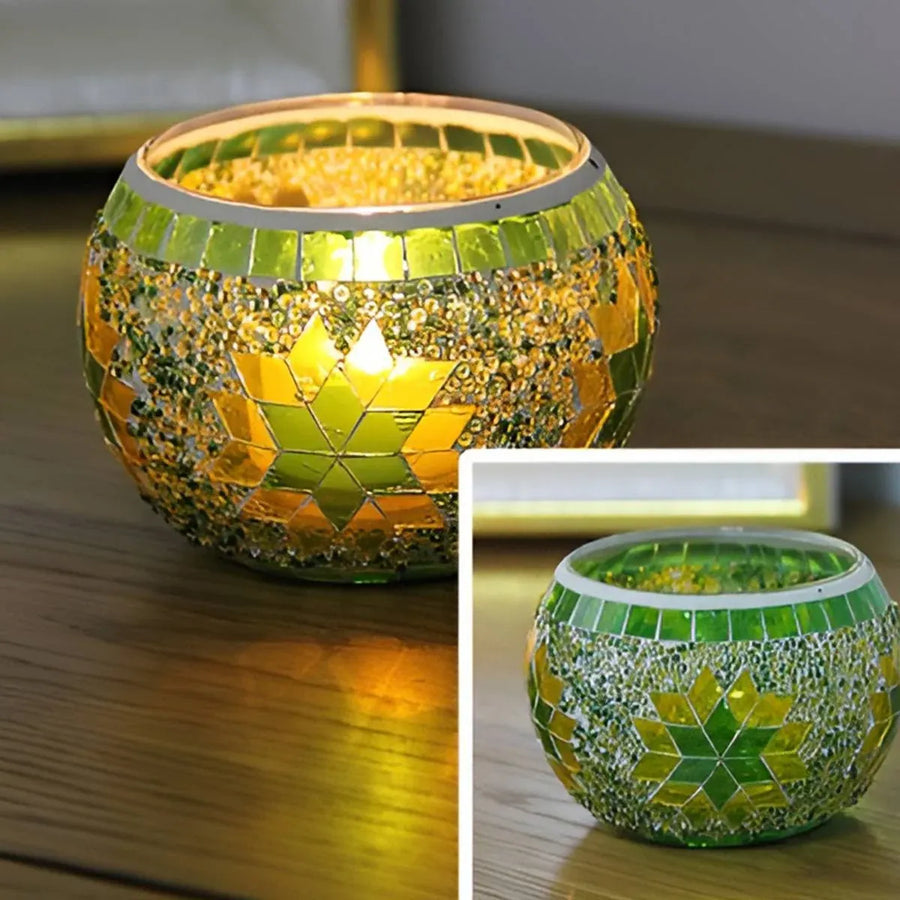 2Pcs European Style Colourful Mosaic Glass Candle Holder Cup Tabletop Decor - Blue
