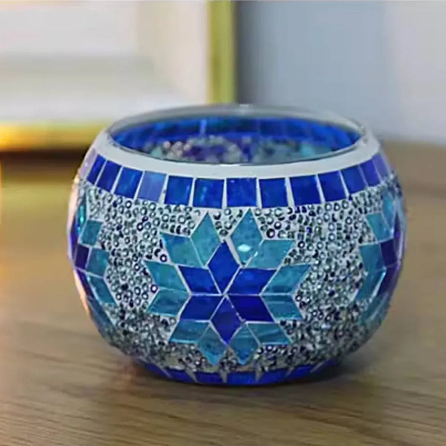 2Pcs European Style Colourful Mosaic Glass Candle Holder Cup Tabletop Decor - Blue