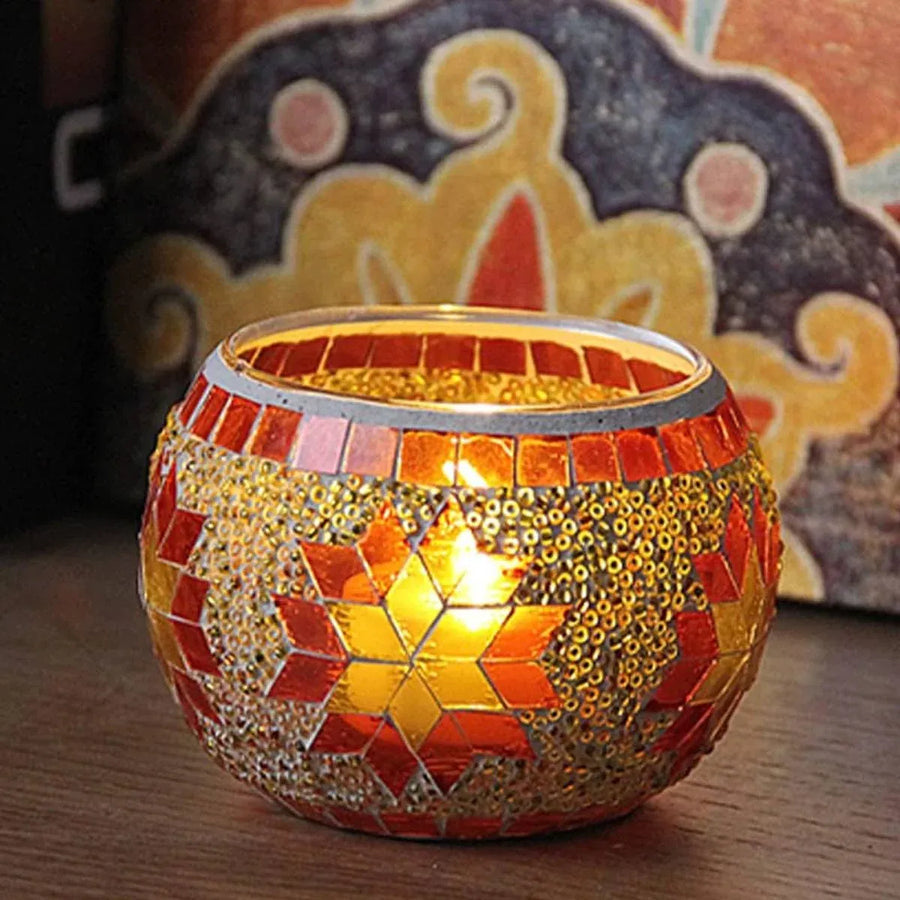 2Pcs European Style Colourful Mosaic Glass Candle Holder Cup Tabletop Decor - Blue