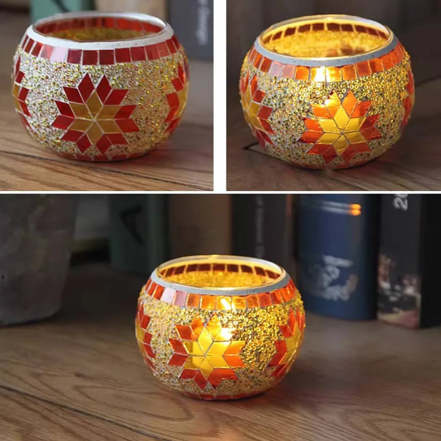 2Pcs European Style Colourful Mosaic Glass Candle Holder Cup Tabletop Decor - Blue