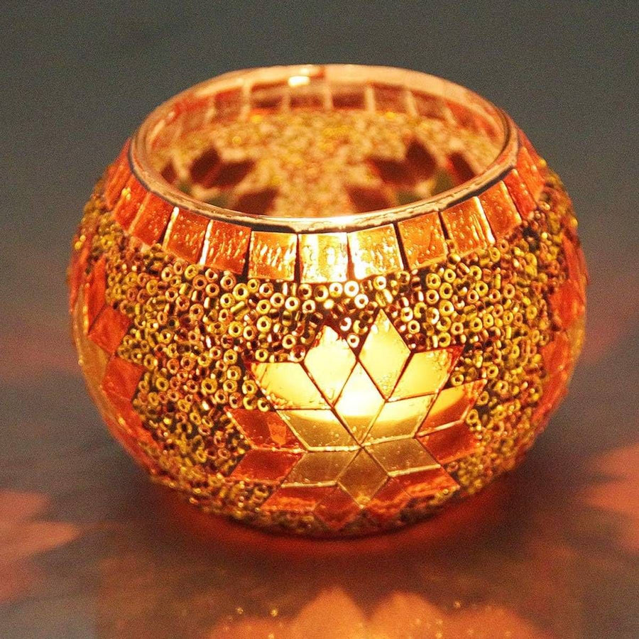 2Pcs European Style Colourful Mosaic Glass Candle Holder Cup Tabletop Decor - Orange
