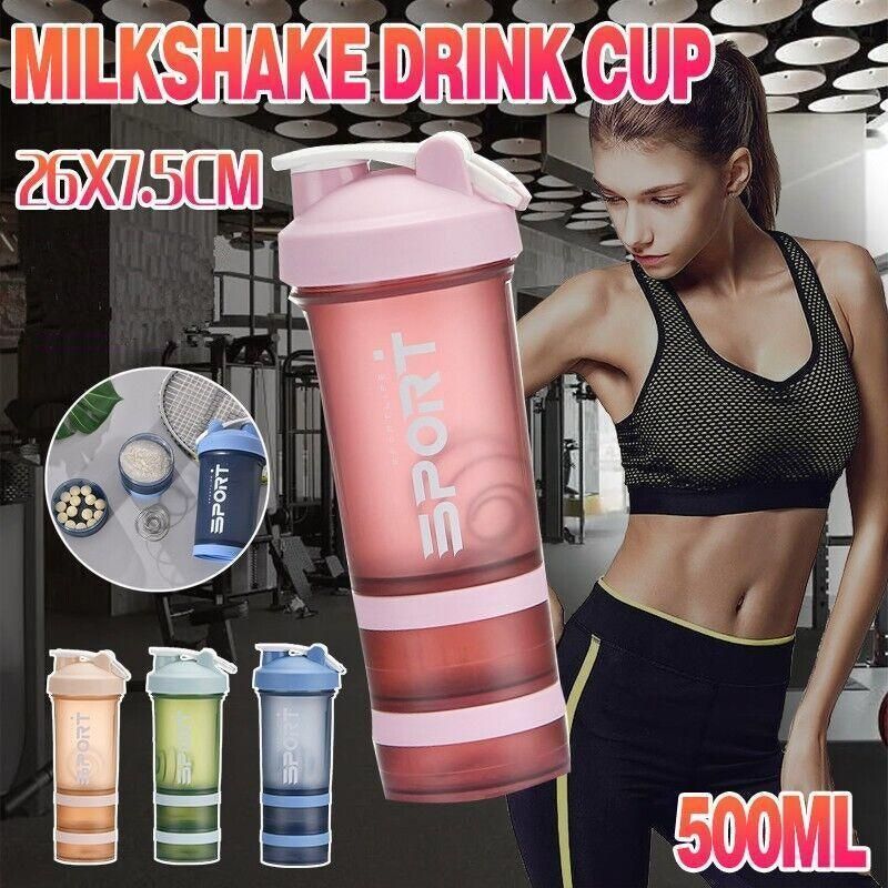 Powder Milkshake Drink Cup Sport Water Bottle 500Ml 3 Tier Protein Shaker Pill - Blue