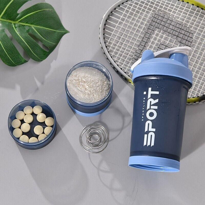 Powder Milkshake Drink Cup Sport Water Bottle 500Ml 3 Tier Protein Shaker Pill - Blue